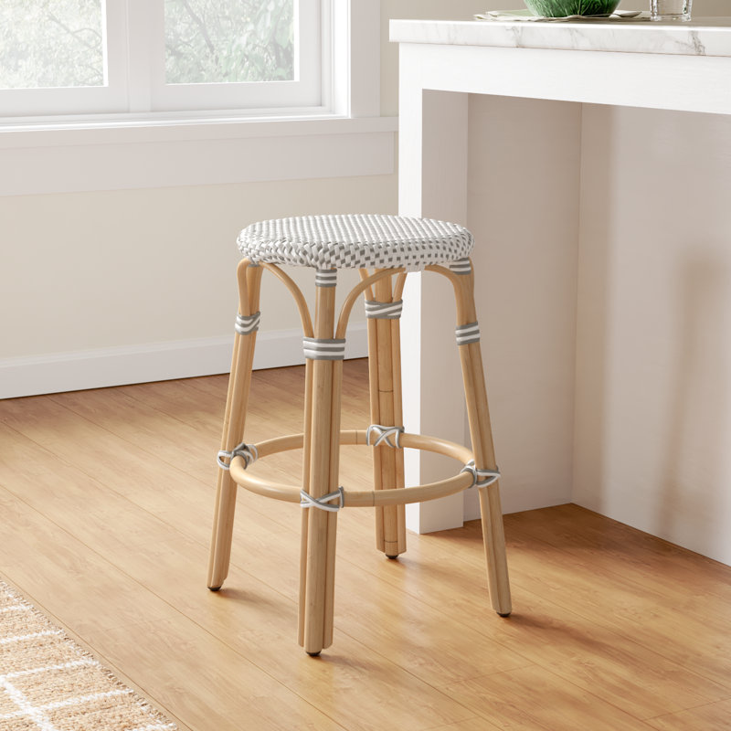 Alastair Hand-Woven Rattan Bar & Counter Stool, Counter Stool (24" Seat Height), White/Gray Dot/Natural Rattan Frame
