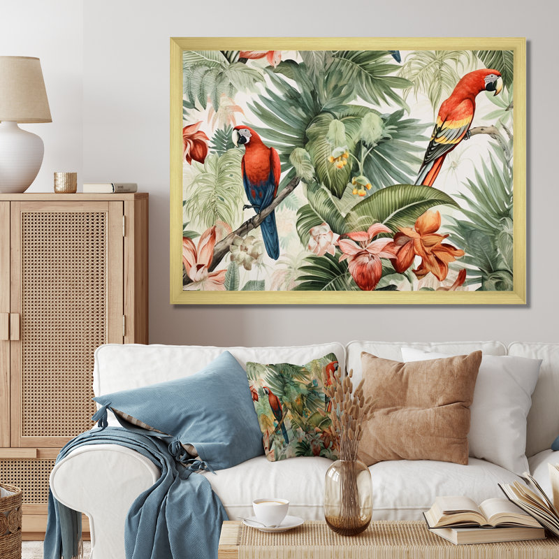 Perroquet au paradis I - art mural perroquet, Cadre doré à une seule photo, H 24 po x l 32 po x P 1 po