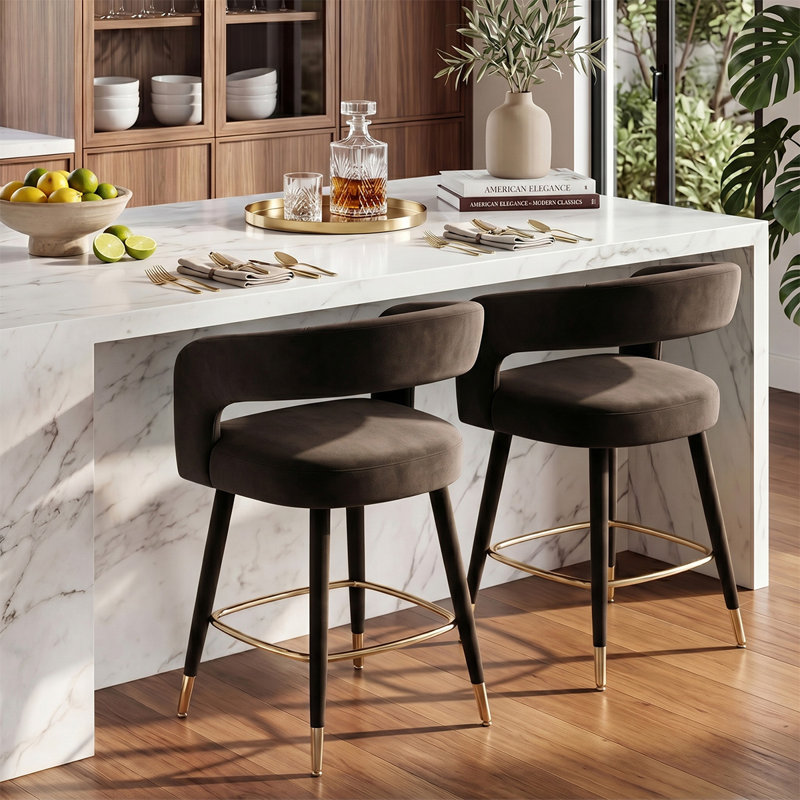 24" Velvet Counter Height Bar Stools With Gold Footrest, Chocolate Brown
