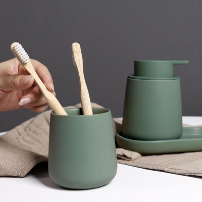 3 Pcs Ceramic Bathroom Accessory Set - Liquid Soap Dispenser, Toothbrush Holder & Tray, Bathroom Counter Set, Countertop Essentials For Home, Guest Bathroom, Or Office Use, Matte Green