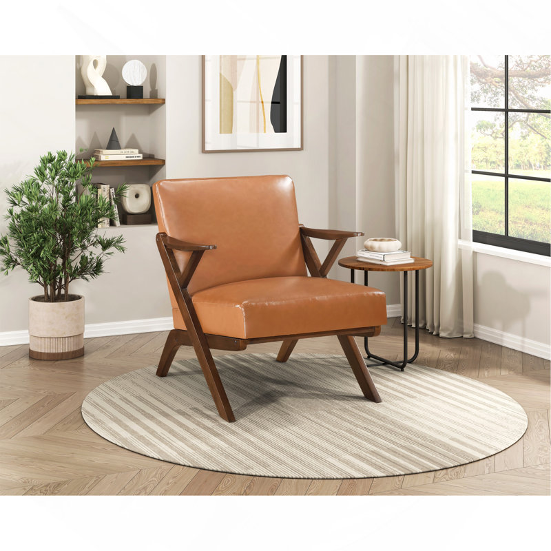 Chaise d'appoint 1 pièce avec cadre en bois d'hévéa brun et revêtement en similicuir brun, Noyer, Brun