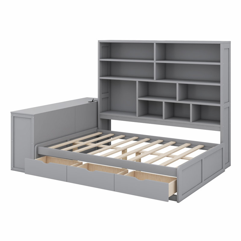 Daybed With Drawers ,Desk ,Shelves And Lights, Gray