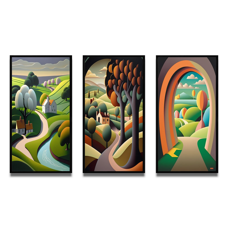 «Little Spring River In Abstract Green Mountains», 3 pièces, H 36 po x l 28 po, Cadre flottant noir