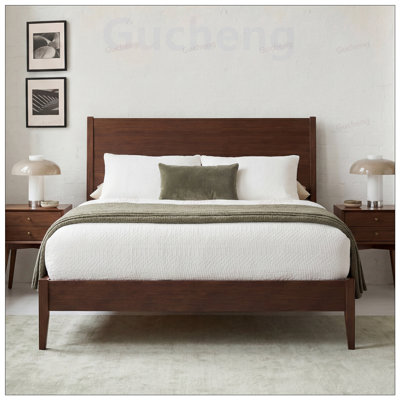 Mid-Century Modern Solid Bamboo Sled Platform Bed Frame with Wood Slats, Metal Support, and Easy Assembly