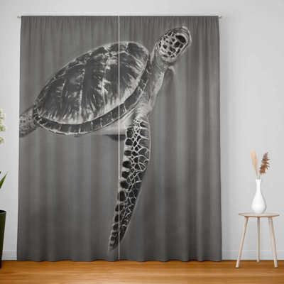 Grayscale Aquatic Turtle Blackout Curtains - Home Decor Pair