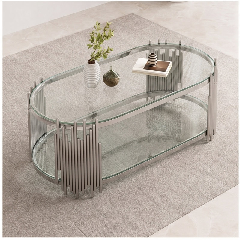 Table basse ovale en verre à 2 niveaux avec base en tuyaux d'orgue, Silver, Clear Tempered Glass