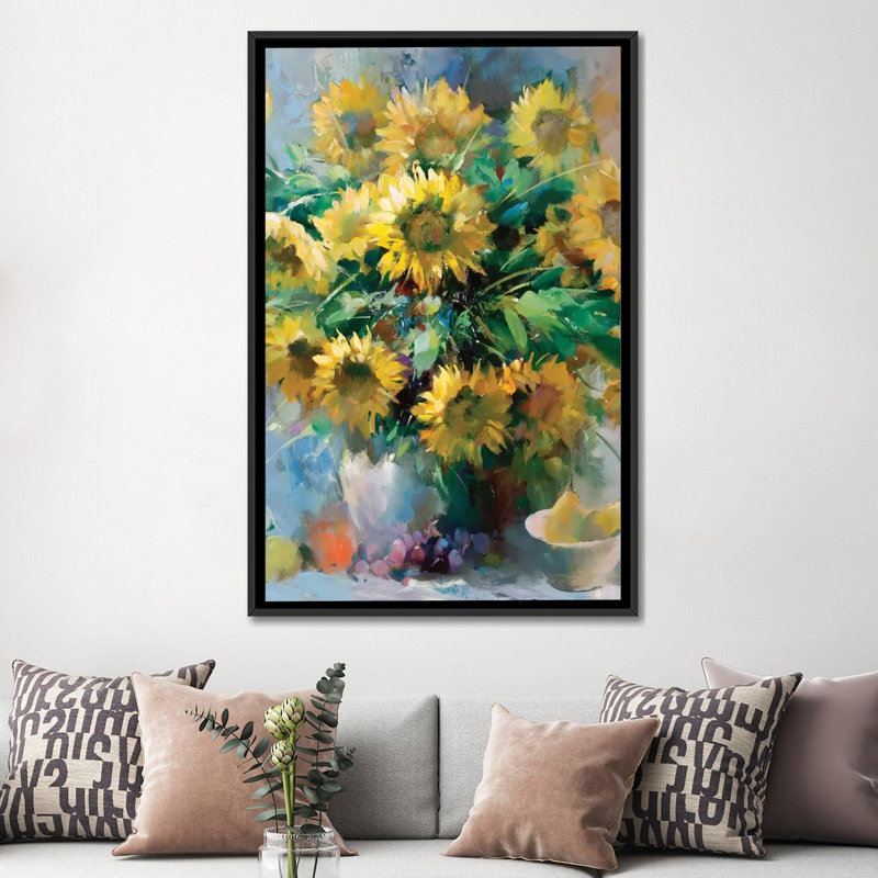 Tournesols par willem haenraets - reproduction sur toile, H 48 po x l 32 po x P 1,5 po, Toile avec cadre noir, Pas de tapis
