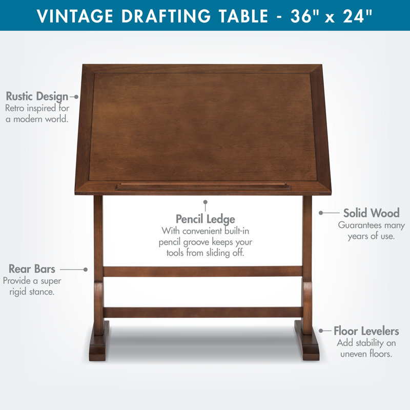 Gumesindo Solid Wood Top Drafting Table, Rustic Oak, 36" H x 36" W x 24" D