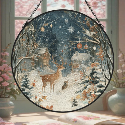 Panneaux de vitrail d'hiver Winter Deer Kitten
