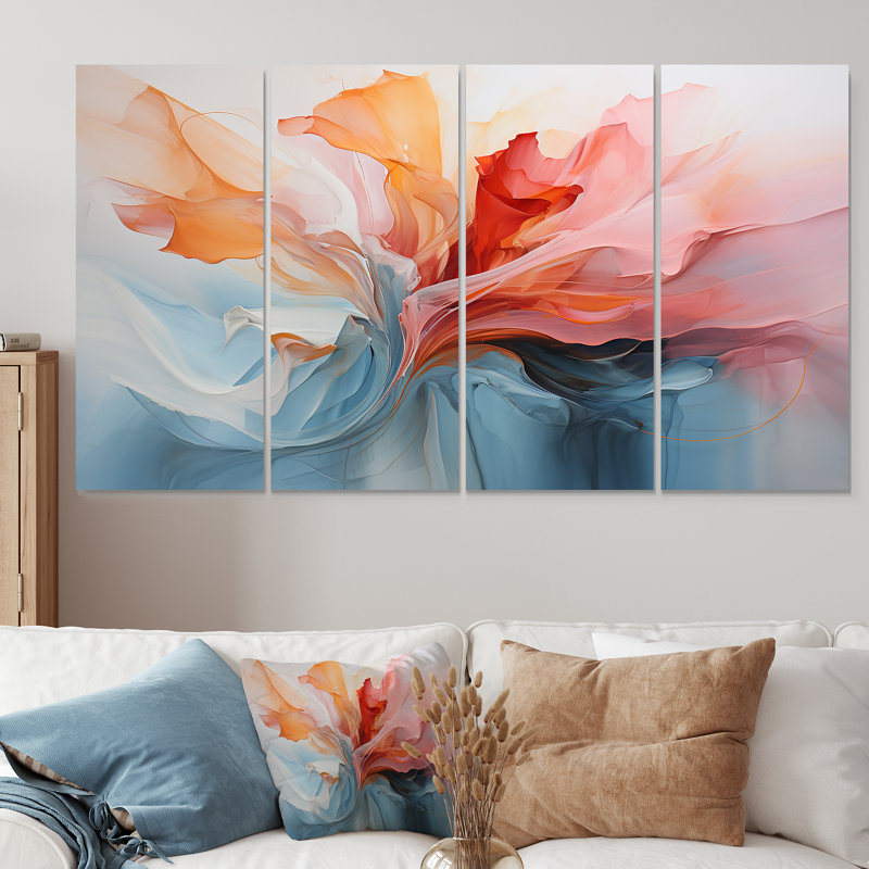 Rose et bleu apaisant tourbillons II - ensemble de 4 peintures murales abstraites, H 28 po x l 48 po