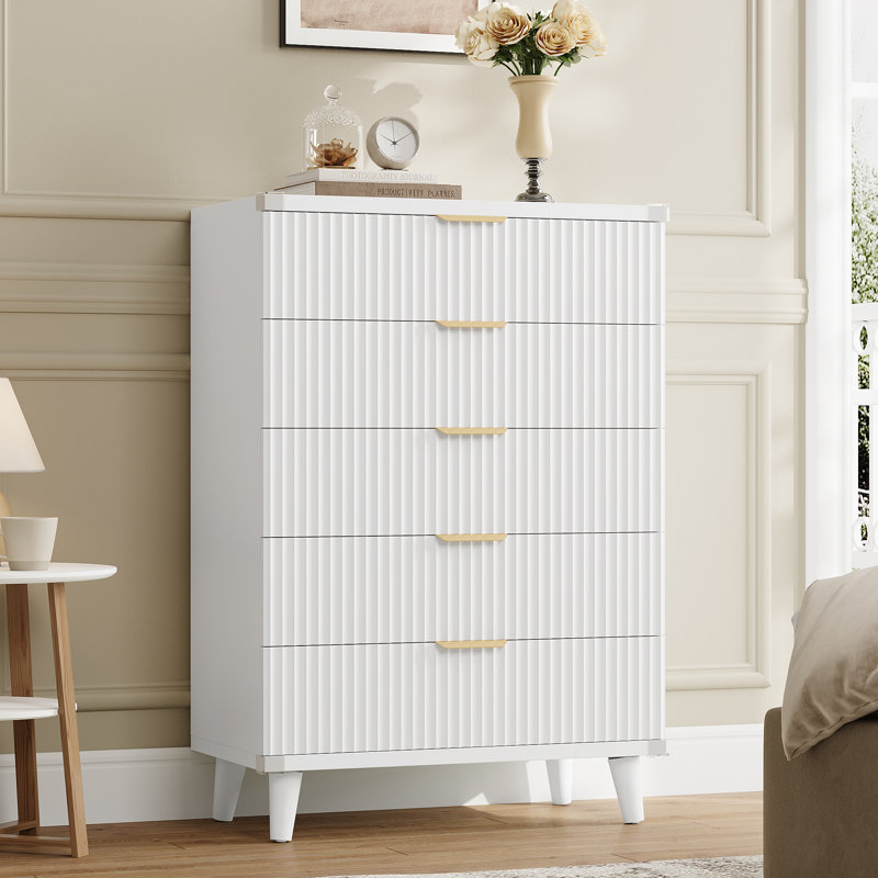Commode à 5 tiroirs cannelés pour chambre à coucher, commode moderne de 28 po avec tiroirs profonds, organisateur de tiroir en bois pour salon, couloir, chambre de bébé, garde-robe de couloir
