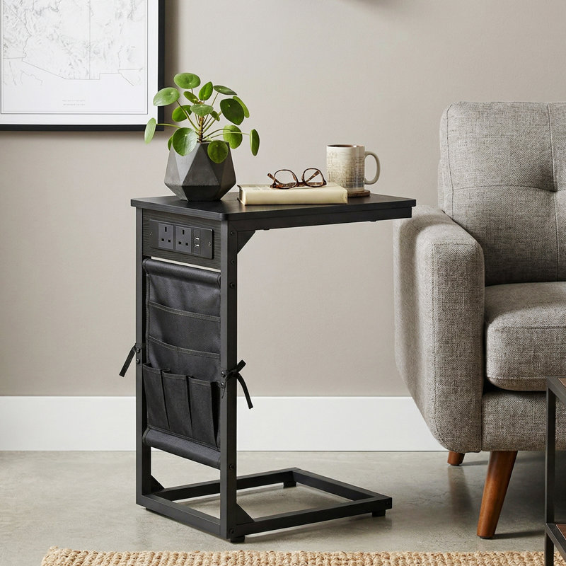 Likisak C-Shaped End Table, With Storage Bag And Charging Station, Black