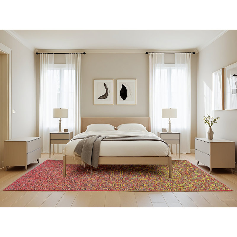 Tapis rouge/jaune à motifs, Rectangle 5 pi x 8 pi