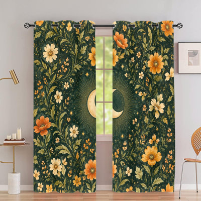 2Pcs Boho Celestial Floral Vintage Botanical Print Grommet Blackout Curtains, Retro Starry Garden Pattern, Polyester Window Drapes, Thermal Insulated, Noise Reducing & Privacy Protection, Room Darkening Stylish Home Decor for Bedroom, Living Room