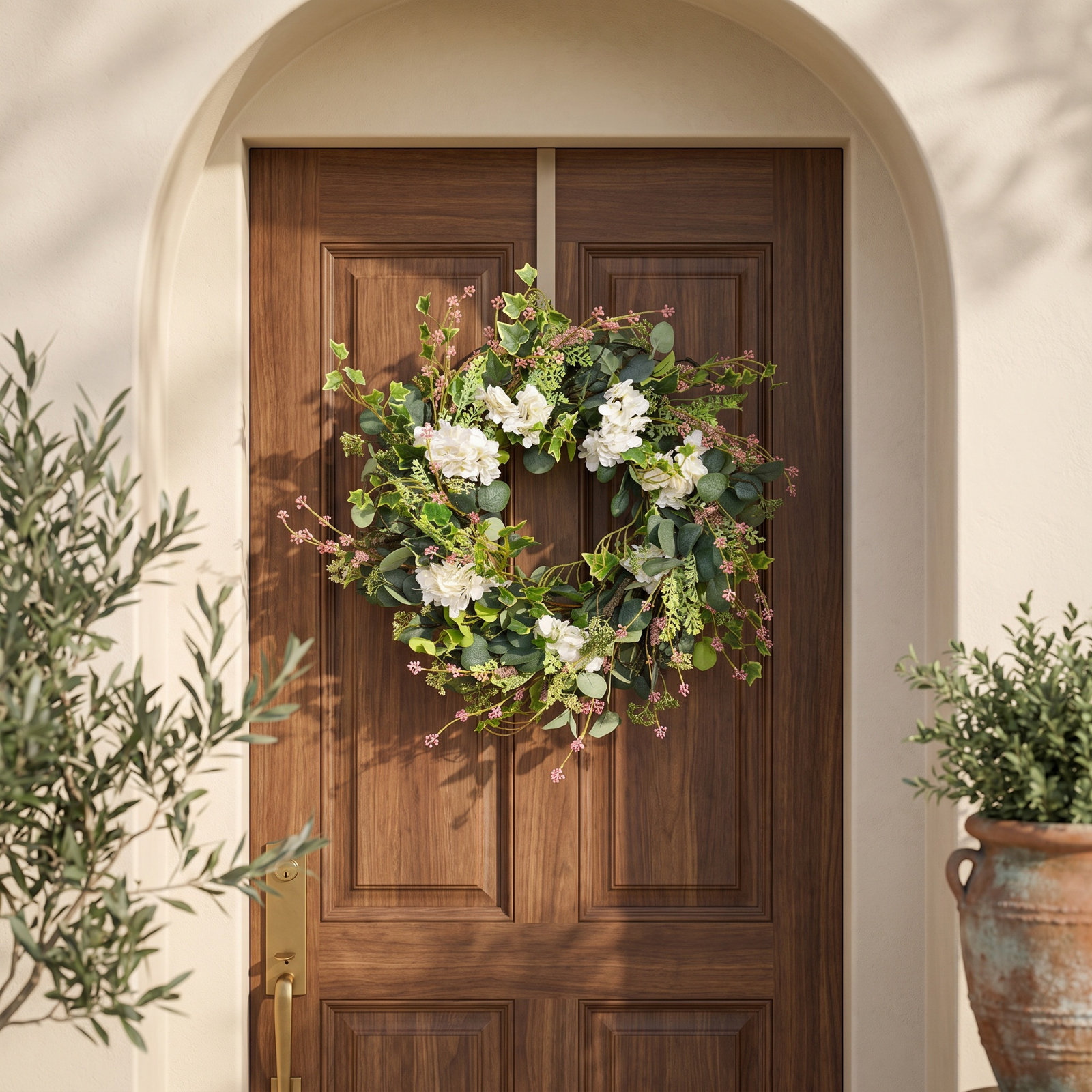 26" Artificial Farmhouse Eucalyptus Ivy Baby's Breath Hydrangea Floral Wreath For Front Door Wedding Party Wall Decor