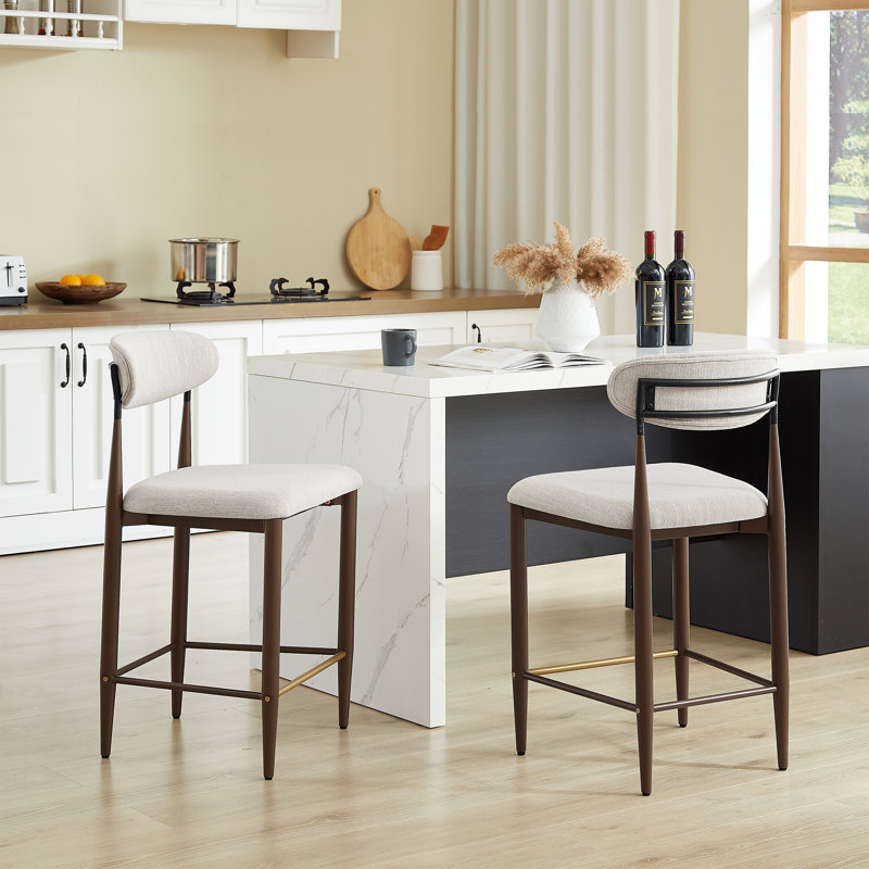 Sloane Modern Upholstered Iron Counter Stools With Open Back And Gold Accents, Beige/Gold/Beige/Polyester