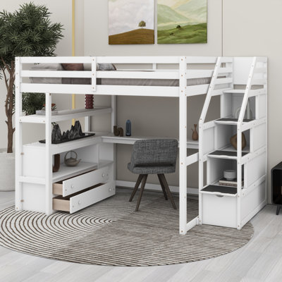 Pine Wood Loft Bed With Desk, Shelves, Storage Staircase, Two Built-In Drawers