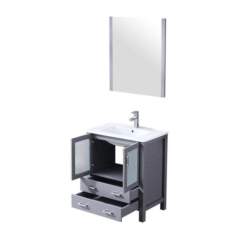 Gris foncé foncé 30 po W avec meuble-lavabo de 18,25 po de profondeur, surface en céramique blanche, robinet à un trou et miroir mural 28 po en acier inoxydable
