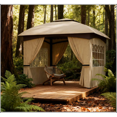 Élégant pavillon de jardin à double toit avec rideaux anti-UV et fenêtres d'églises pour une vie en plein air élégante
