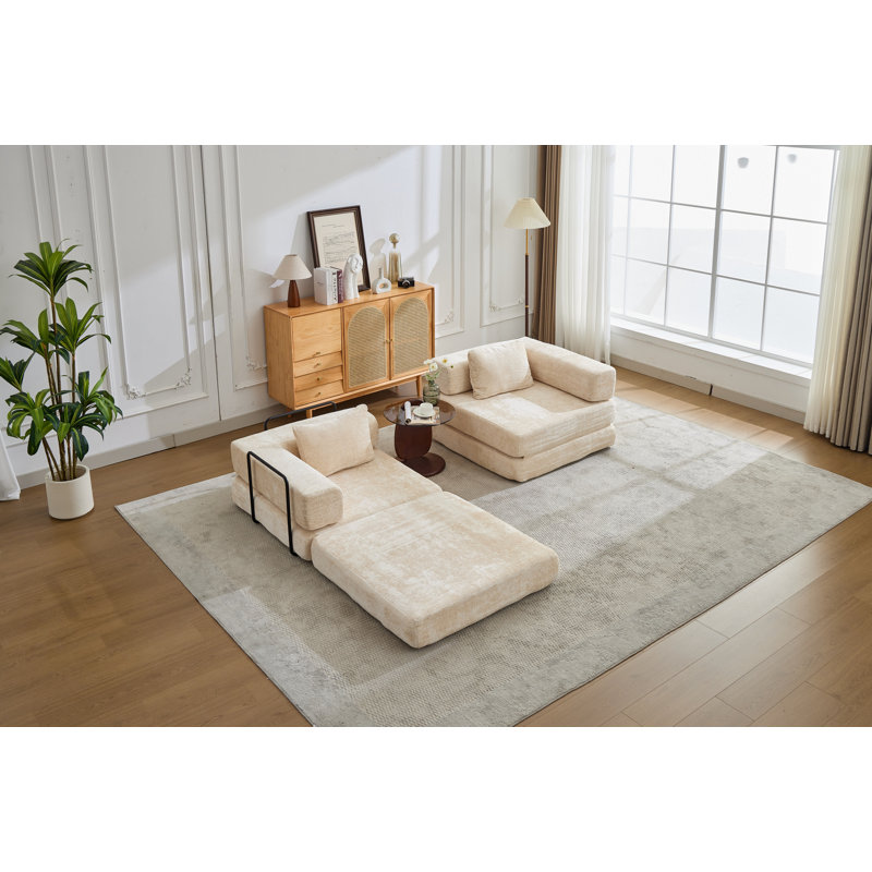 Canapé à compression, canapé-lit au sol convertible avec structure de forme fixe, canapé modulaire LonSeaBoneless, sans assemblage requis, tissu chenille, pour la chambre du salon, beige