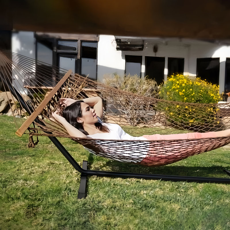 Hamac double en corde de polyester avoine tissé à la main avec chaînes d'extension gratuites et crochets d'arbre pour 2 personnes avec une capacité de poids de 500 lb.