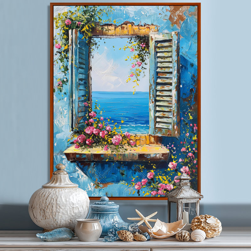 Fleur rose, fenêtre rustique, impression d'art mural fenêtre, Toile avec cadre flottant brun, H 40 po x l 30 po x P 1,5 po