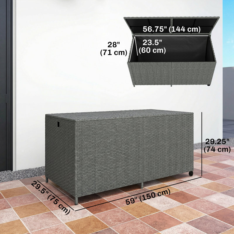 Coffre de terrasse en rotin de 162 gallons avec roulettes et doublure imperméable
