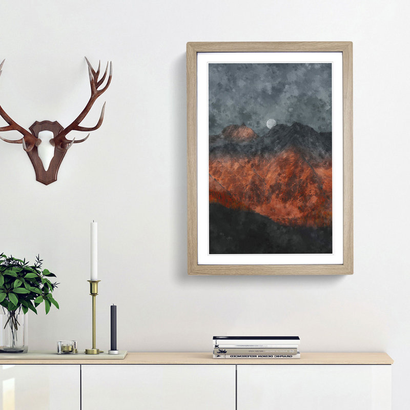 Moon over the Red Mountains in Italy - Picture Frame Painting Print, 33cm H x 24cm W x 2cm D, Oak Framed