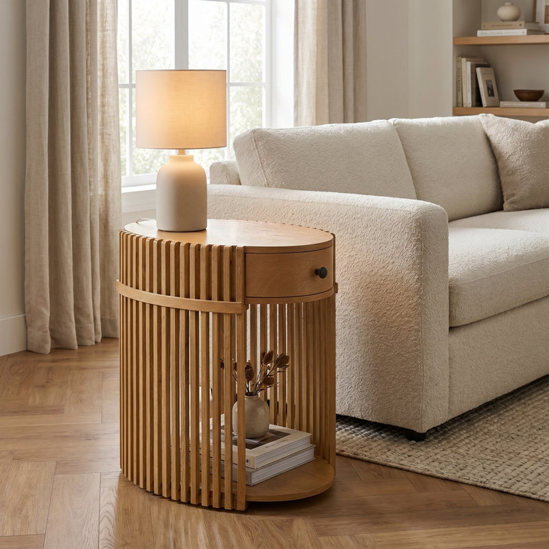 Estie Wood Slatted Chairside End Table With Charging Station, Light Oak