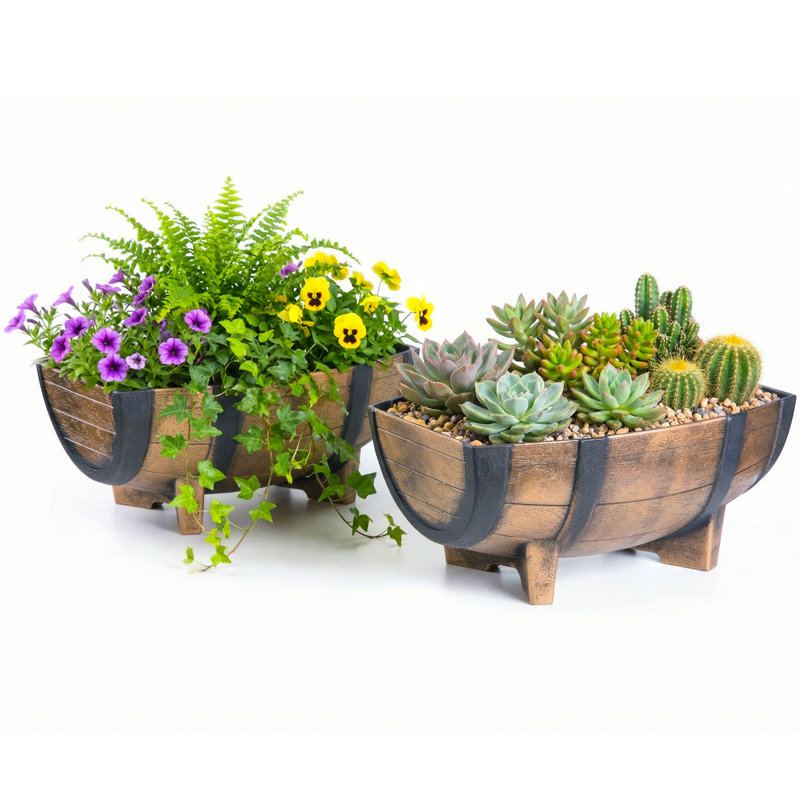 Vlad 2-Piece Rectangular Half Barrel Flower Pots Rustic Farmhouse Style Faux Wood Planter Containers for Indoor & Outdoor Use Perfect for Displaying Decorative Garden Florals Herbs & Succulents