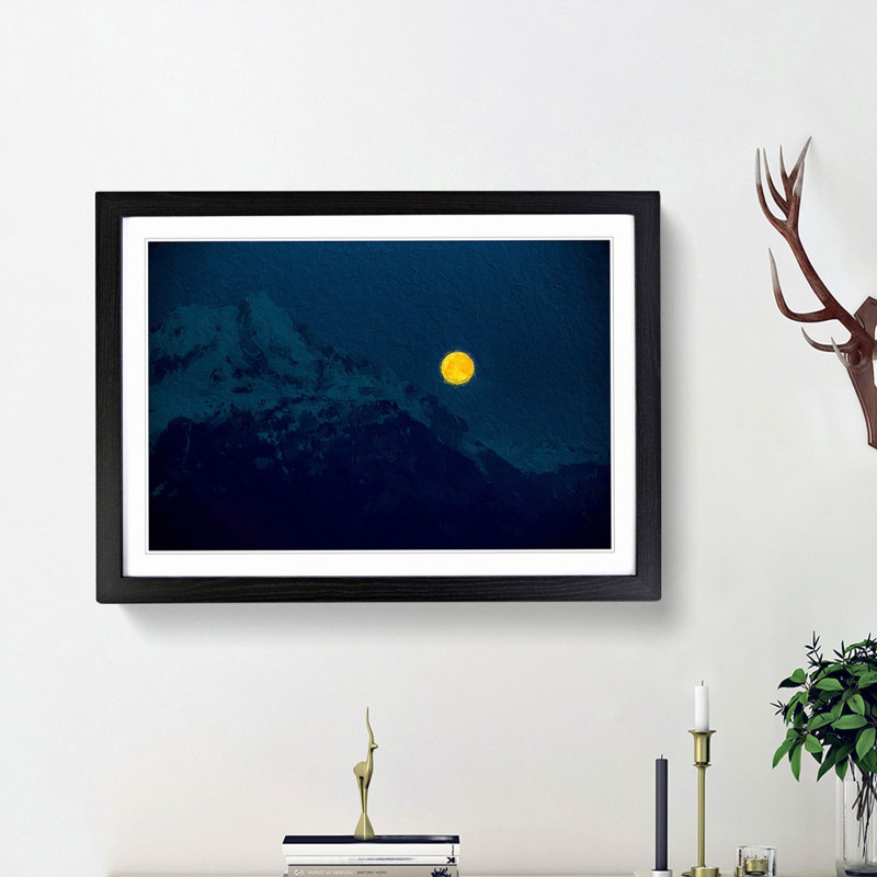 Yellow Moon over the Mountain - Picture Frame Painting Print, 48cm H x 65cm W x 2cm D, Black Framed