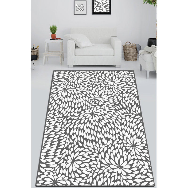 Tapis gris / blanc en polyester tissé à la machine Auer, Rectangle 6 pi 7 po x 9 pi 6 po