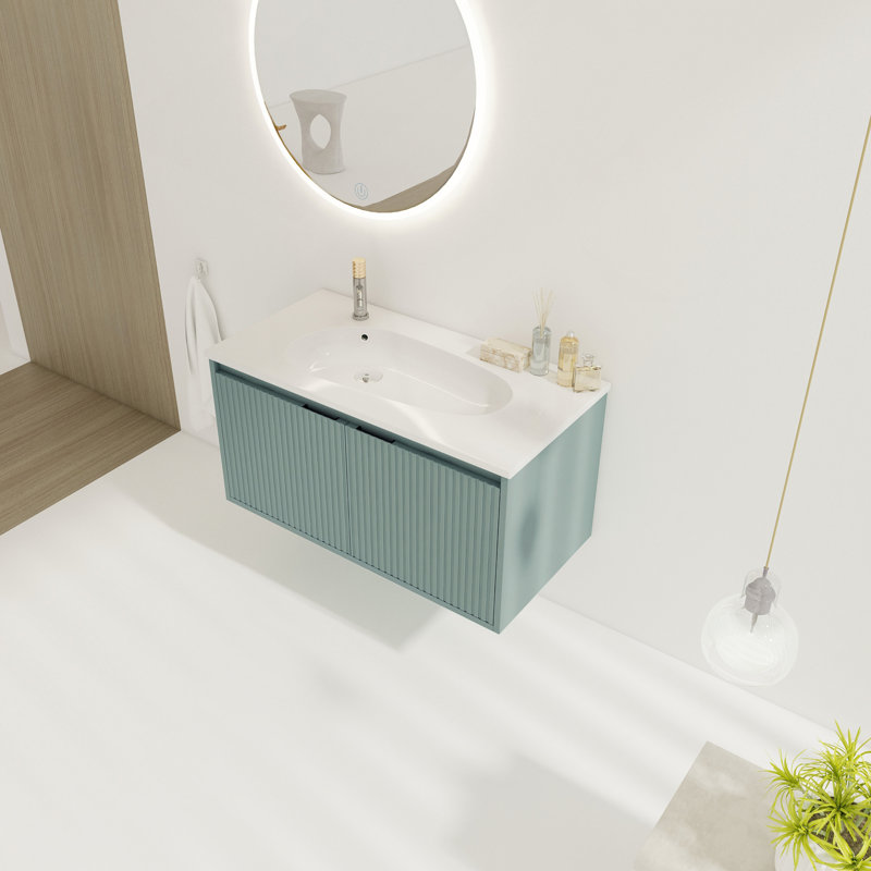 36" Floating Bathroom Vanity With Drop-Shaped Resin Sink, Green, 36"