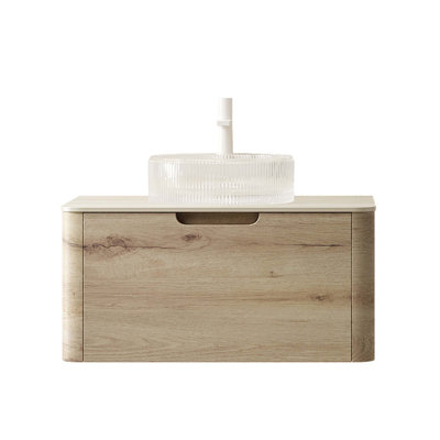 Meuble-lavabo de 30 po avec lavabo, armoire de rangement flottante avec tiroir, lavabo rond en verre transparent et plateau en pierre frittée à motif de travertin Roma, pré-assemblé