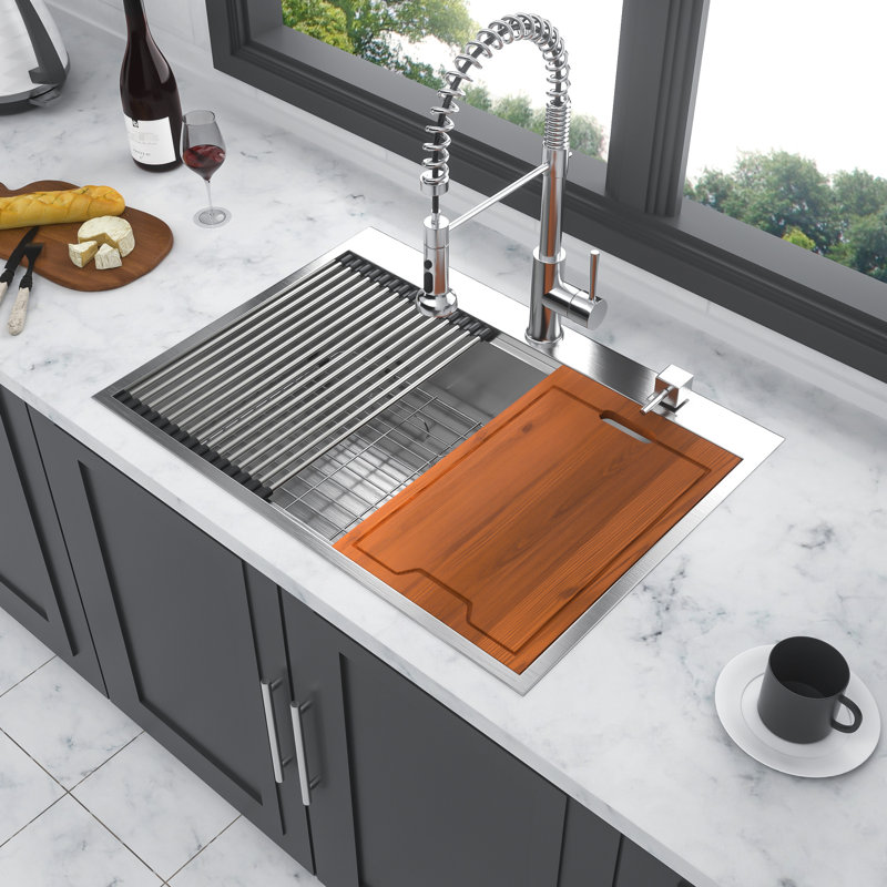 30 Inch Stainless Steel Topmount Single Bowl Kitchen Sink With Rust - Workstation, Customized 5 Piece Accessories, X Shaped Water Guidelines, Sound Absorbing Pads Sink, Topmount, Bowl, Pack