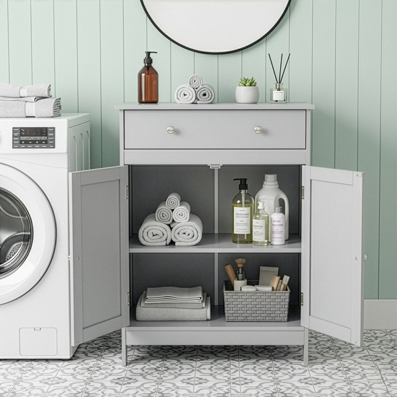 Gray Bathroom Storage Cabinet With 2 Doors And 1 Drawer, Gray