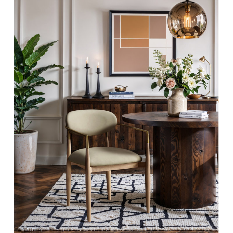 Eligah Vegan Leather Upholstered Dining Arm Chair, Taupe Vegan Leather, Stained Natural / Brushed Brass