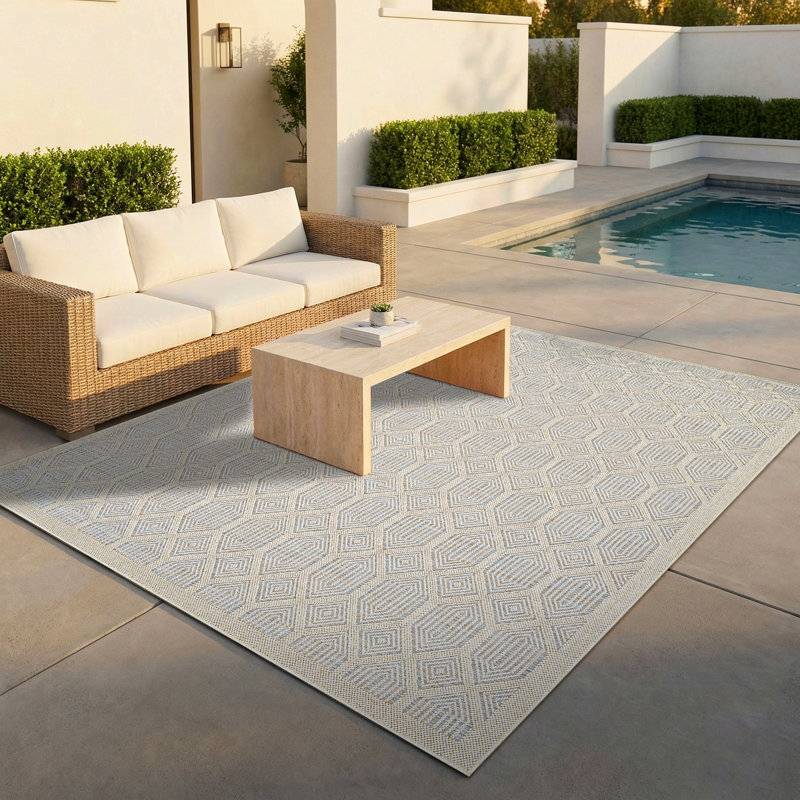 Tapis intérieur / extérieur turquoise Liguria Rapallo, Turquoise, 7 pi 10 po x 9 pi 10 po