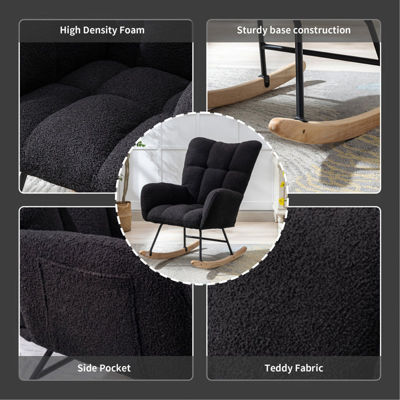 Dark Blue Teddy Fabric Wingback Glider Rocker With Side Storage Pocket, Soft Comfy Nursing Rocking Chair, Sturdy Safe Solid Wood Base, Multiuse Accent Chair For Nursery & Living Room.