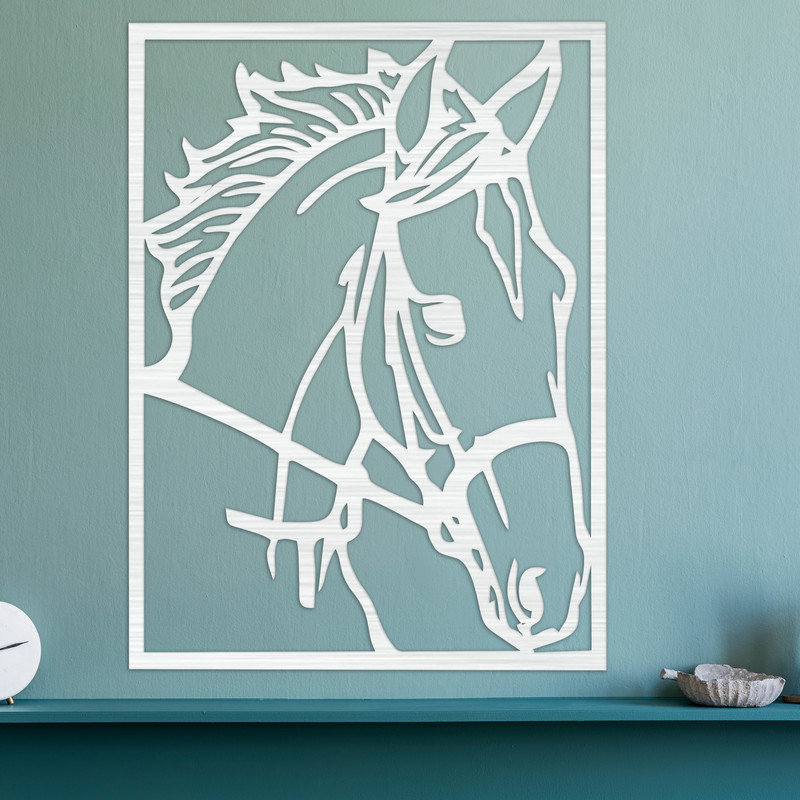 Art mural rectangulaire avec cheval - ACM, H 32 po x l 23,6 po x P 0,25 po, Argent