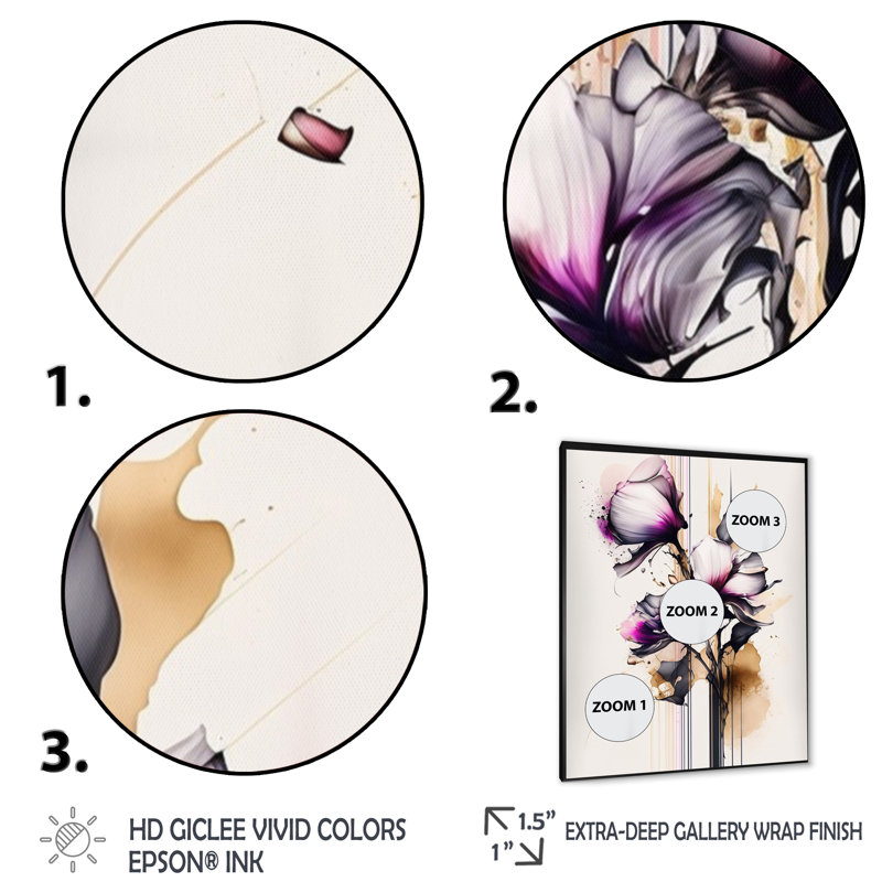 Fleur d'orchidée rose sur fond abstrait I - impression sur toile, H 32 po x l 24 po x P 1 po, Cadre photo noir