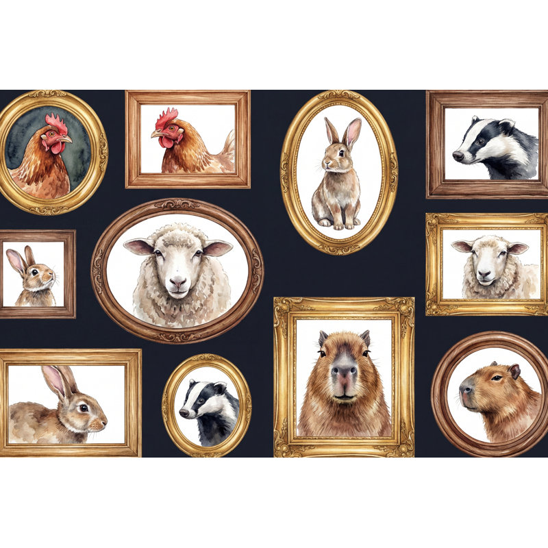 "Animal Portraits", art mural encadré sur fond sombre, 140 po x 108 po, Non tissé non collé