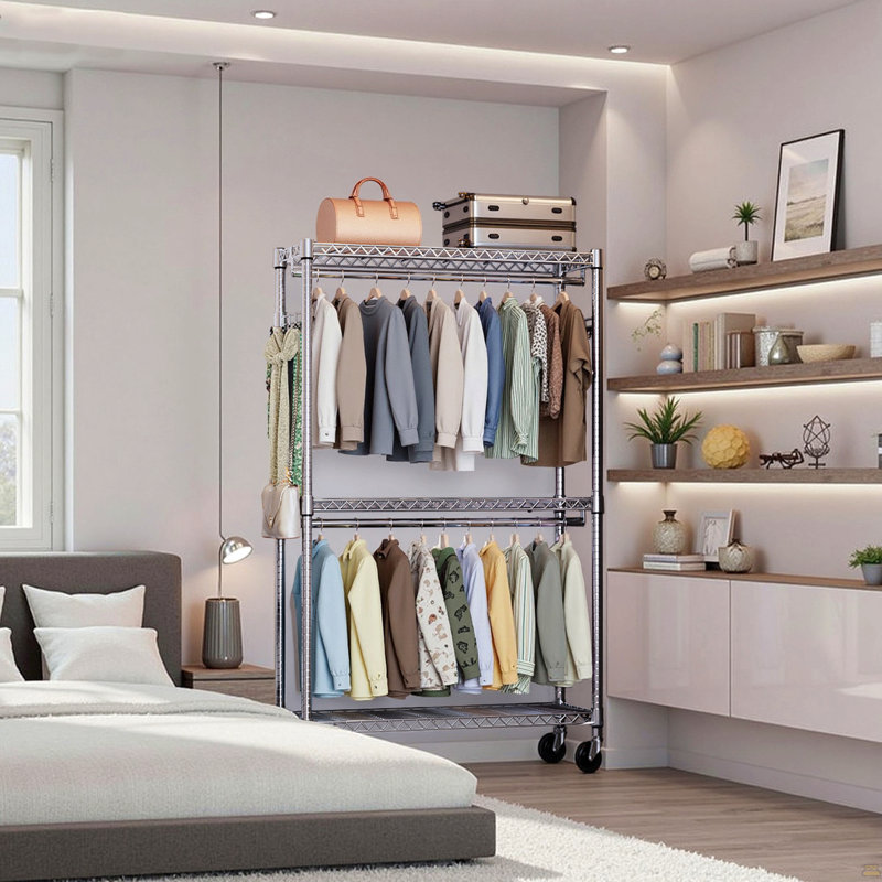 Heavy Duty Rolling Garment Rack 3 Tiers Adjustable Wire Shelving Clothes Rack with 2 Rods and Side Hooks,Storage Closet Clothing Rack with Wheels Chrome 15.7" D x 45.3" W x 79.6" H