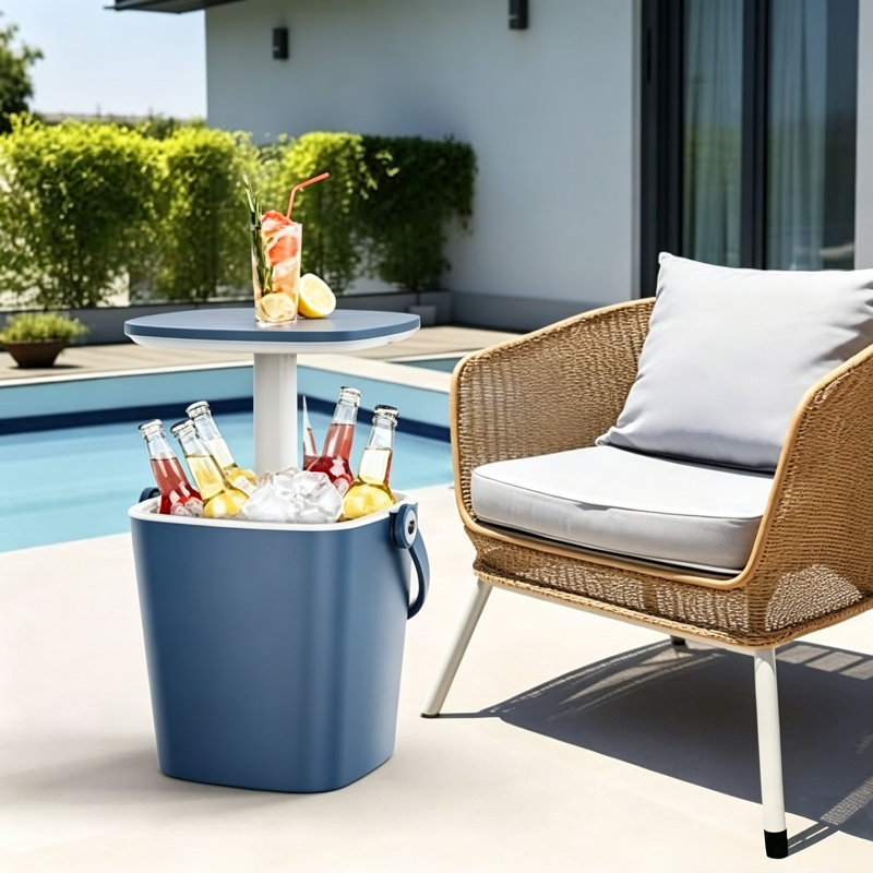 Seau à glace extérieur en résine et table de glacière escamotable avec poignée, Blue