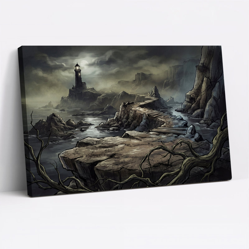 Phare au clair de lune sur des rochers déchiquetés - Toile murale d'Halloween, H 18 po x l 24 po