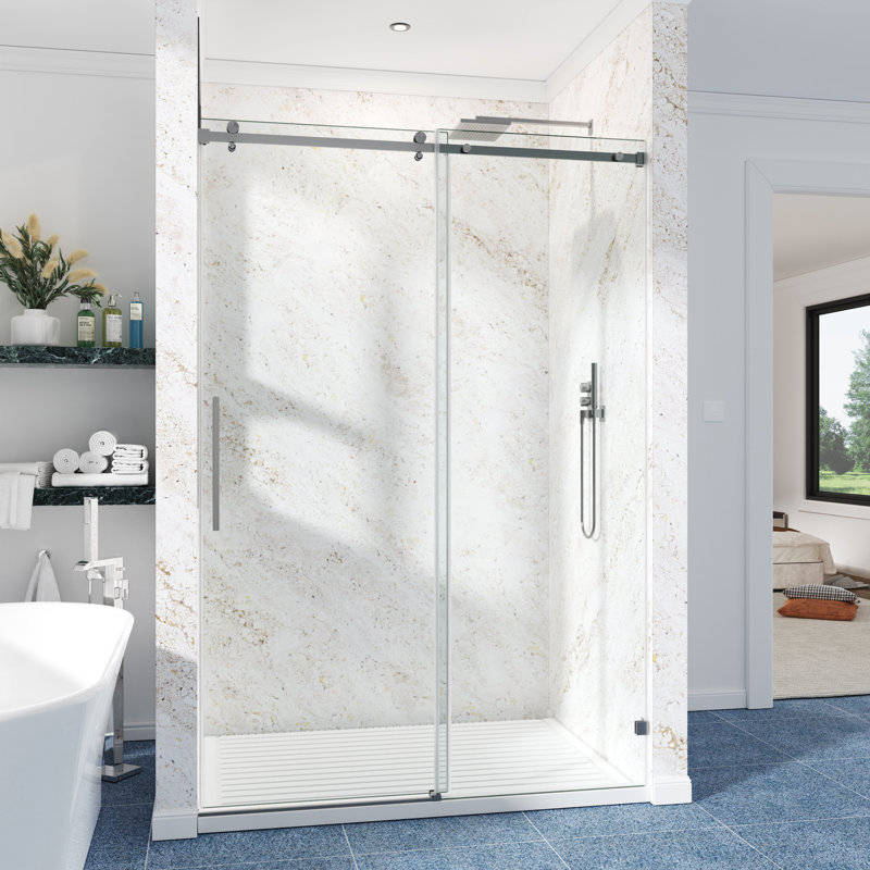 56-61" W X 72" H Frameless Single Sliding Shower Door with 3/8" Clear Tempered Glass - Square Top Rail, Brushed Nickel