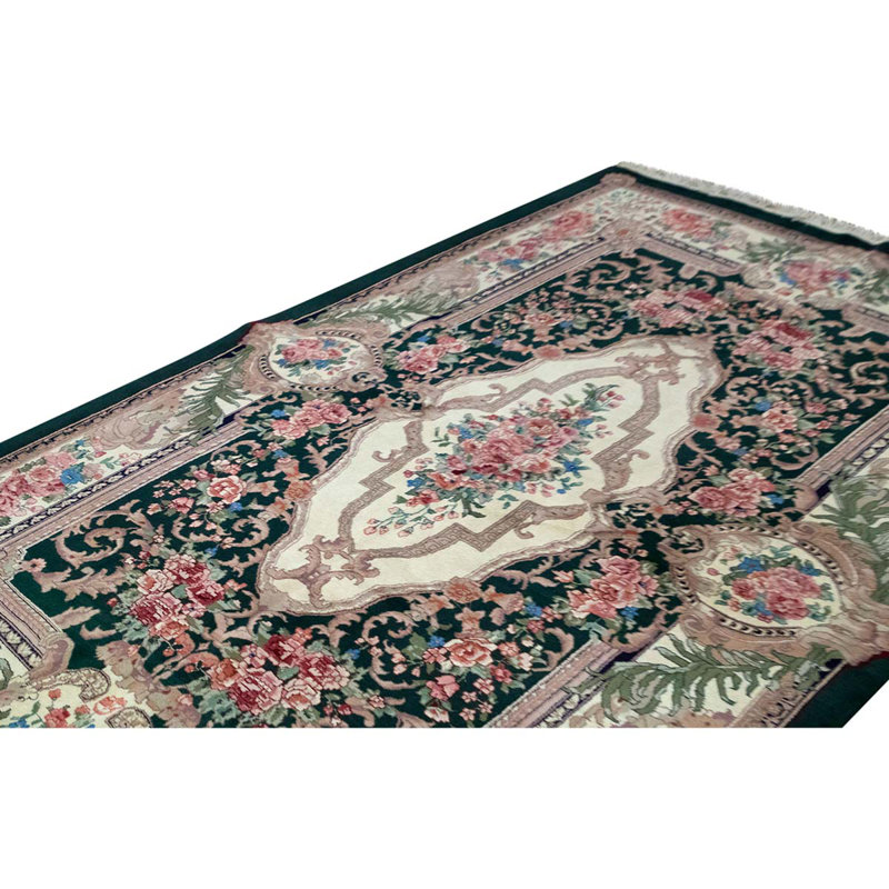 Tapis vert / rouge / ivoire en laine noué à la main de conception unique 5 pi 9 po x 8 pi 9 po