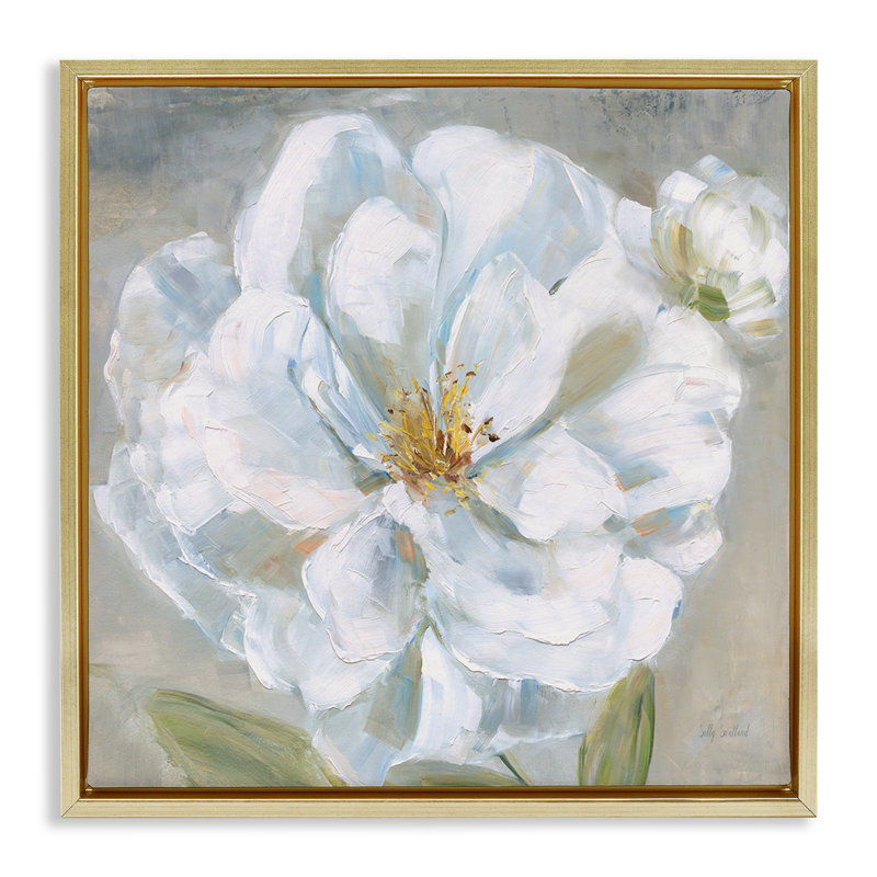 «Curling White Flower Petals», art mural encadré par Sally Swatland, H 18 po x l 18 po, Cadre flottant métallique doré
