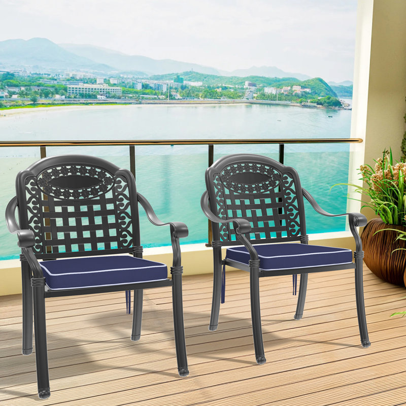 Paire de sièges de patio en aluminium coulé, 2 pièces, noir et anticorrosion, sièges rembourrés confortables, chaise de salle à manger empilable, structure noire, coussins, conception d'espace, coussin de pied antidérapant