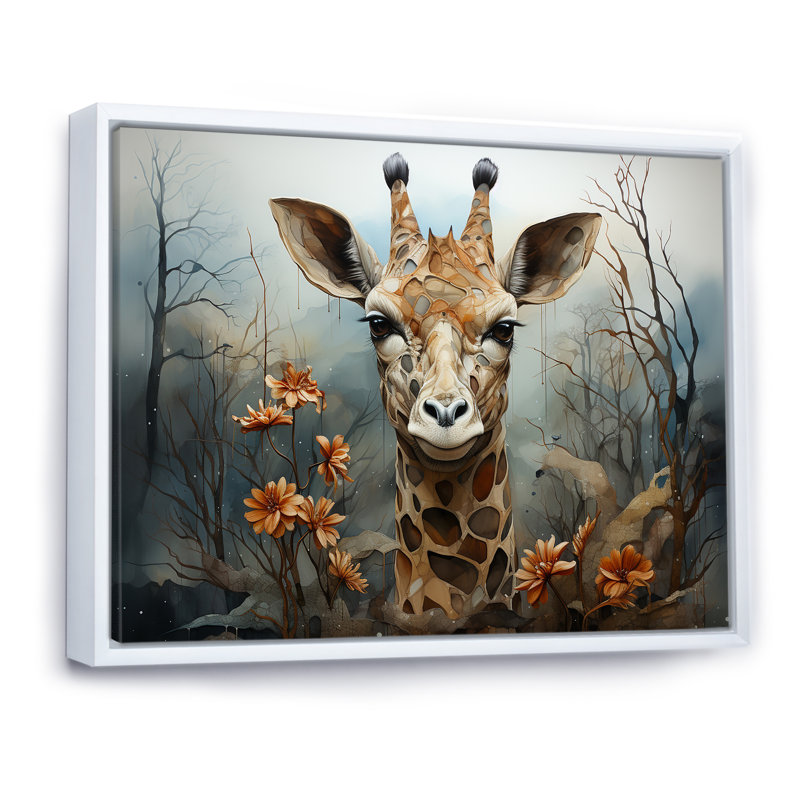Mignonne girafe dans un champ de fleurs II, H 12 po x l 20 po x P 1 po, Cadre flottant blanc